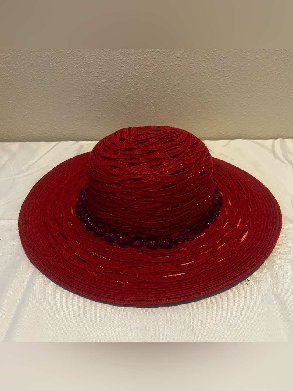 Nine West Red Braided Wide-Brim Hat with Bead Trim